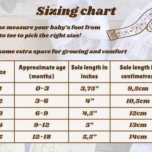 K&ouml;nnte beinhalten: Eine braune Tabelle mit wei&szlig;em Hintergrund, die Babyschuhgr&ouml;&szlig;en in Zoll und Zentimetern zeigt. Die Tabelle enth&auml;lt das ungef&auml;hre Alter des Babys in Monaten, die Schuhgr&ouml;&szlig;e, die Sohlenl&auml;nge in Zoll und die Sohlenl&auml;nge in Zentimetern. Die Tabelle ist mit "Sizing chart" betitelt.