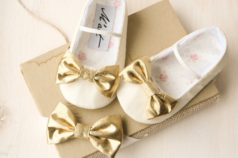 Gold Baby Shoes Ivory Baby Girl Shoes Baby Baptism Slippers Etsy