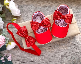 Zapatos de bebé con purpurina roja y lazo en la diadema, Dorothy, zapatos para niña pequeña en rojo rubí