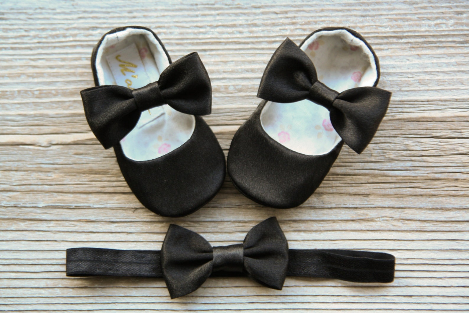 black baby girl shoes and headband, baby ballerina shoes, baby ballet slippers, toddler shoes, newborn shoes, satin baby shoes,