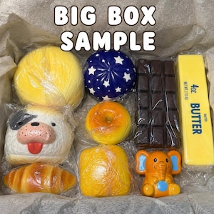 May include: A collection of squishy toys in a box labeled BIG BOX SAMPLE, including a yellow bun, a blue star-patterned sphere, a chocolate bar, a dog face, a donut, a croissant, a square bread, an orange elephant, and a 4oz stick of butter.