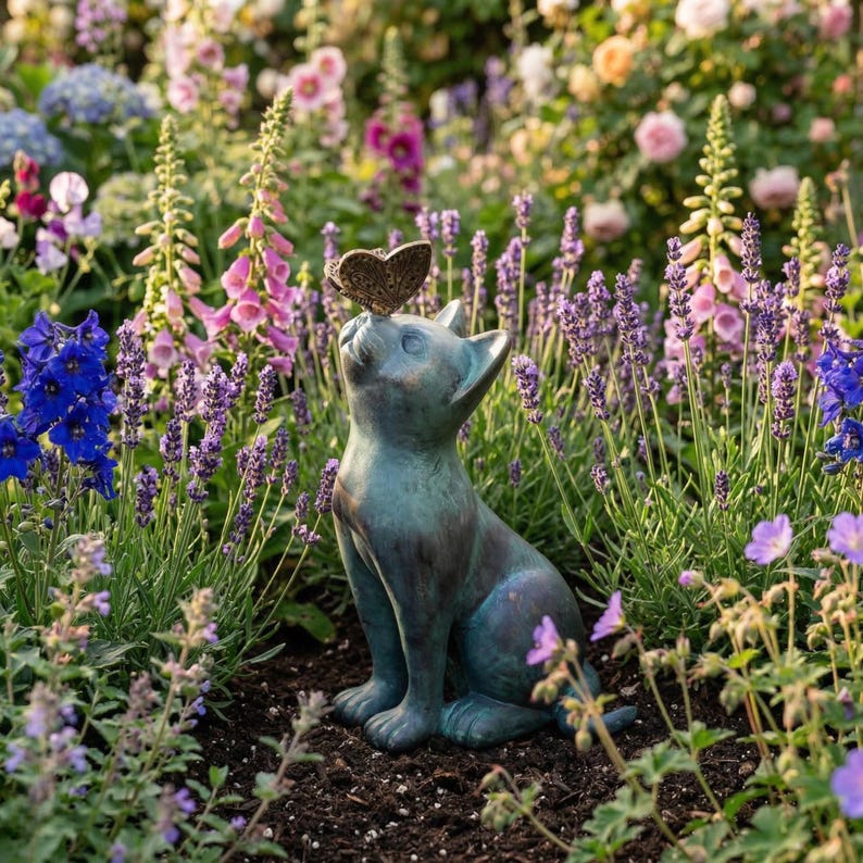 May include: A bronze cat statue with a butterfly perched on its head, set amidst a vibrant garden of lavender, pink, and blue flowers. The cat is in a seated position, gazing upwards.