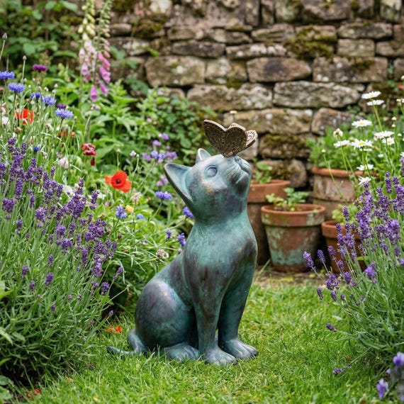 Cat Statue with Butterfly Garden Decor, Outdoor Lawn Ornament, Artistic Animal Sculpture