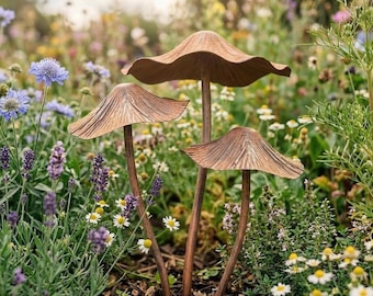 Set of 3 Rustic Metal Mushroom Garden Stakes – Whimsical Outdoor Decor