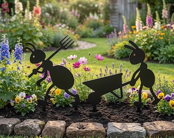 Set of 2 Metal Ant Garden Stakes: Whimsical Yard Art Lawn Sculpture