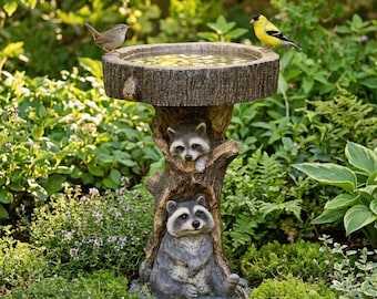 Raccoon Bird Bath Garden Statue, Tree Trunk Bird Feeder Outdoor Decor