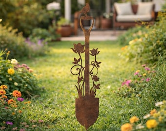Estaca rústica de metal con forma de pala para jardín, pájaro y flores – Arte vintage para jardín