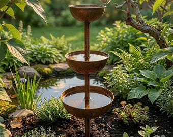 Rustic Metal Cascading Bird Bath Fountain Stake – Outdoor Garden Water Feature
