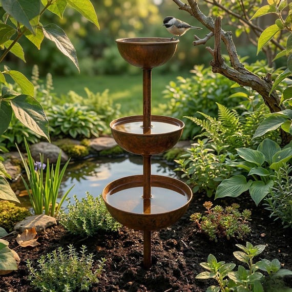 Rustic Metal Cascading Bird Bath Fountain Stake – Outdoor Garden Water Feature