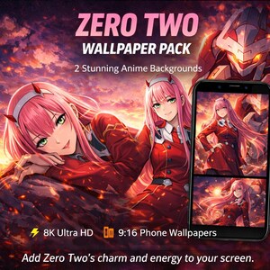 Könnte beinhalten: Werbebild für ein "Zero Two Wallpaper Pack" mit Anime-Kunst. Das Bild zeigt eine Figur mit rosa Haaren und roter Kleidung, mit einem Smartphone, das die Hintergrundbilder anzeigt. Der Text enthält "8K Ultra HD" und "9:16 Phone Wallpapers."