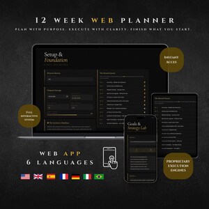 May include: A dark image promoting a 12-week web planner, presented on a laptop, tablet, and smartphone. The planner's interface is black and gold, with sections for setup, goals, and rewards. The image highlights the planner's interactive system and execution engines.
