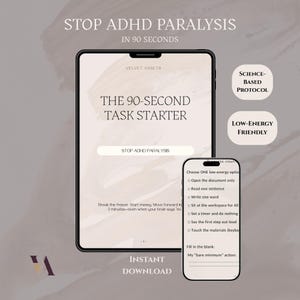 Strumento per la gestione della paralisi da attività in caso di ADHD, quaderno di esercizi per la disfunzione esecutiva, agenda digitale, guida all'avvio delle attività, protocollo di 90 secondi, formati A4 e US Letter.