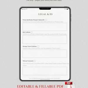 May include: A digital tablet shows a checklist titled "THE EMERGENCY RED FOLDER CHECKLIST." The document is labelled "LEGAL & ID" and includes fillable fields for primary identification, birth certificates, and other legal documents. The text "EDITABLE & FILLABLE PDF" is also visible.
