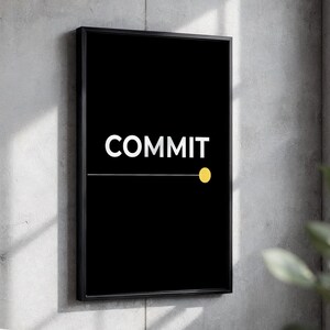 May include: A rectangular wall art piece featuring a black background with the white text COMMIT centred in the upper portion. A thin horizontal white line extends from the left side to a solid yellow circle positioned below the text.