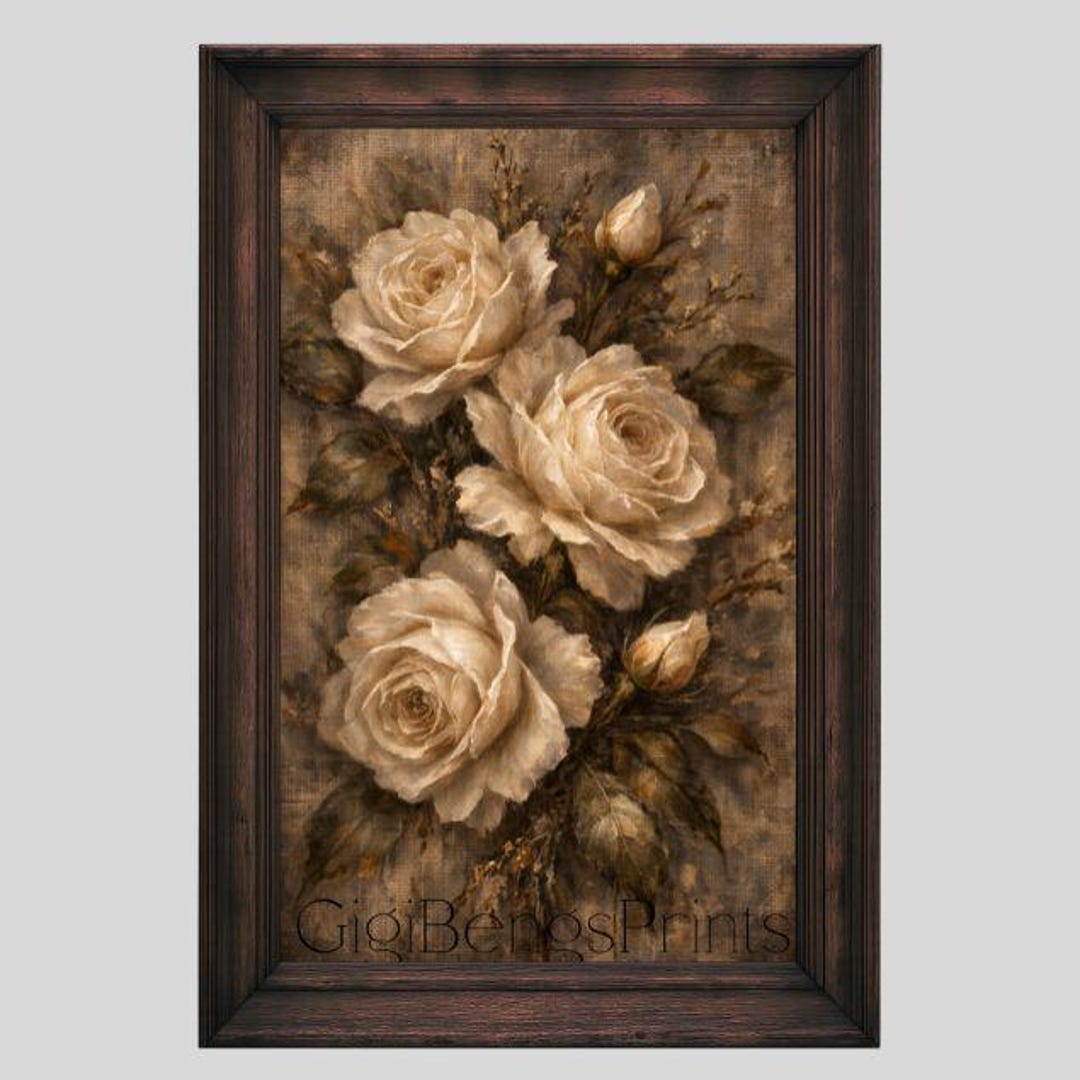 Vintage White Rose Wall Art Printable, Antique Floral Painting, Dark ...