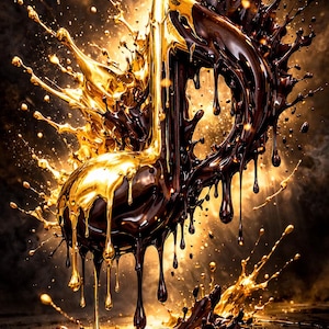 Puede incluir: Arte digital abstracto de una nota musical renderizada en oro y marrón oscuro. La nota parece estar hecha de líquido, con salpicaduras y goteos que crean un efecto dinámico y artístico sobre un fondo oscuro.