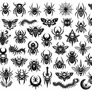 Puede incluir: Una colección de ilustraciones en blanco y negro de varios insectos y arácnidos, incluyendo arañas, polillas, escarabajos y ciempiés. Algunos insectos presentan diseños de calaveras, y también se incluye una telaraña. Los diseños son detallados y estilizados.