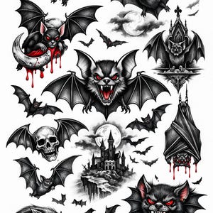 May include: A collection of black and white illustrations featuring bats in various poses. Some bats have red eyes and dripping blood. Other images include a skull, a castle, a rose, and a goblet.