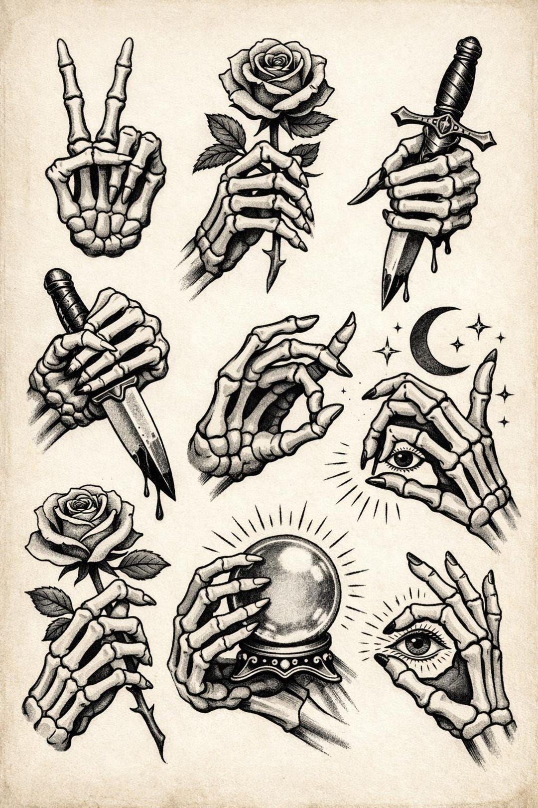 Tattoo Flash Sheet - Skeleton Hands & More BOLD | Instant Digital ...