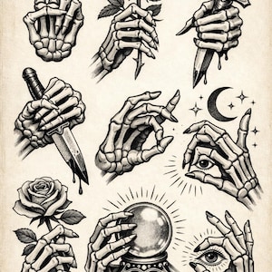 May include: A collection of nine black and white illustrations featuring skeletal hands. The hands are depicted holding a rose, a dagger, a crystal ball, and making various hand gestures, including the peace sign and the 'okay' sign.