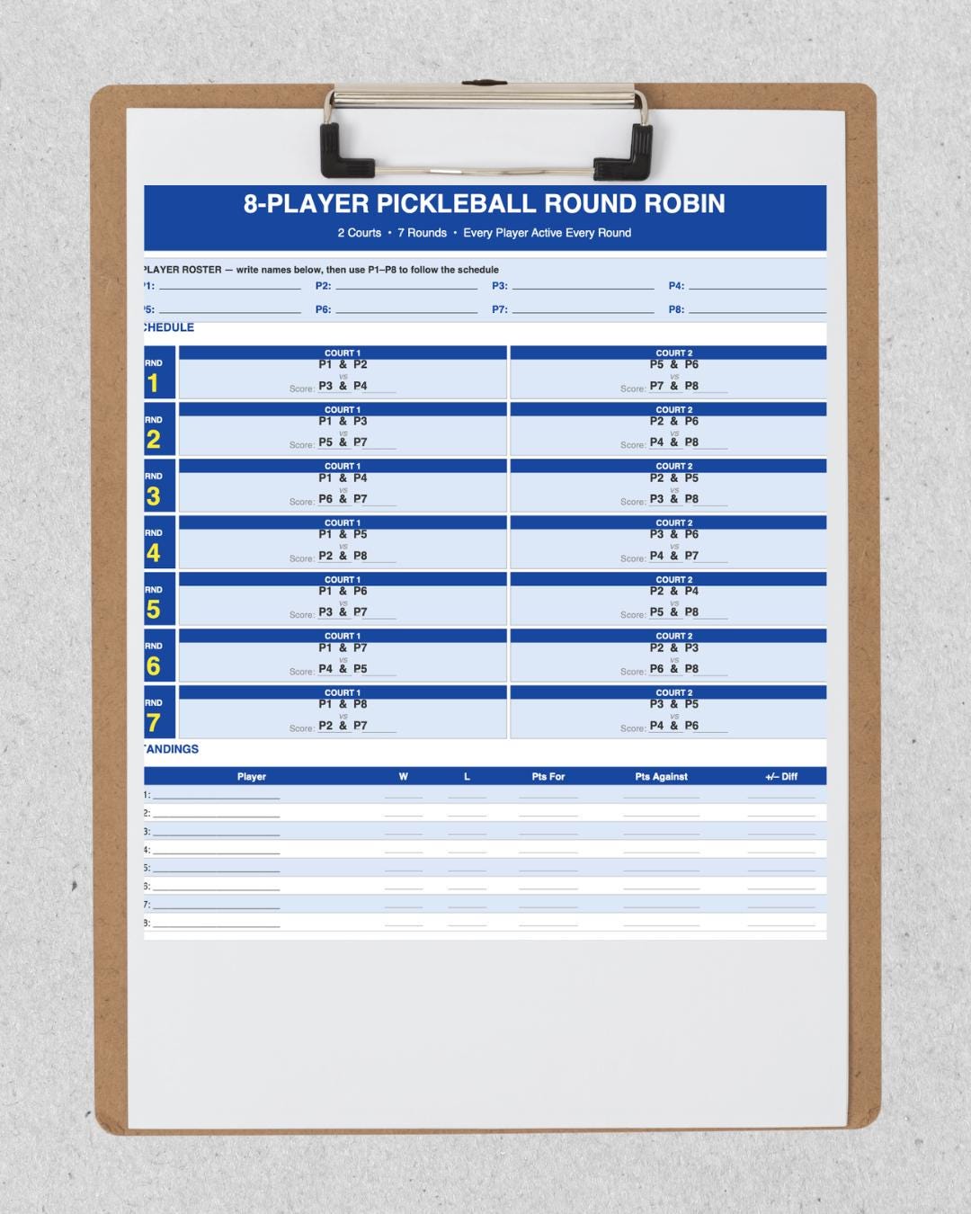 Pickleball Round Robin Score Sheet | 8 Players | Rotating Partners ...
