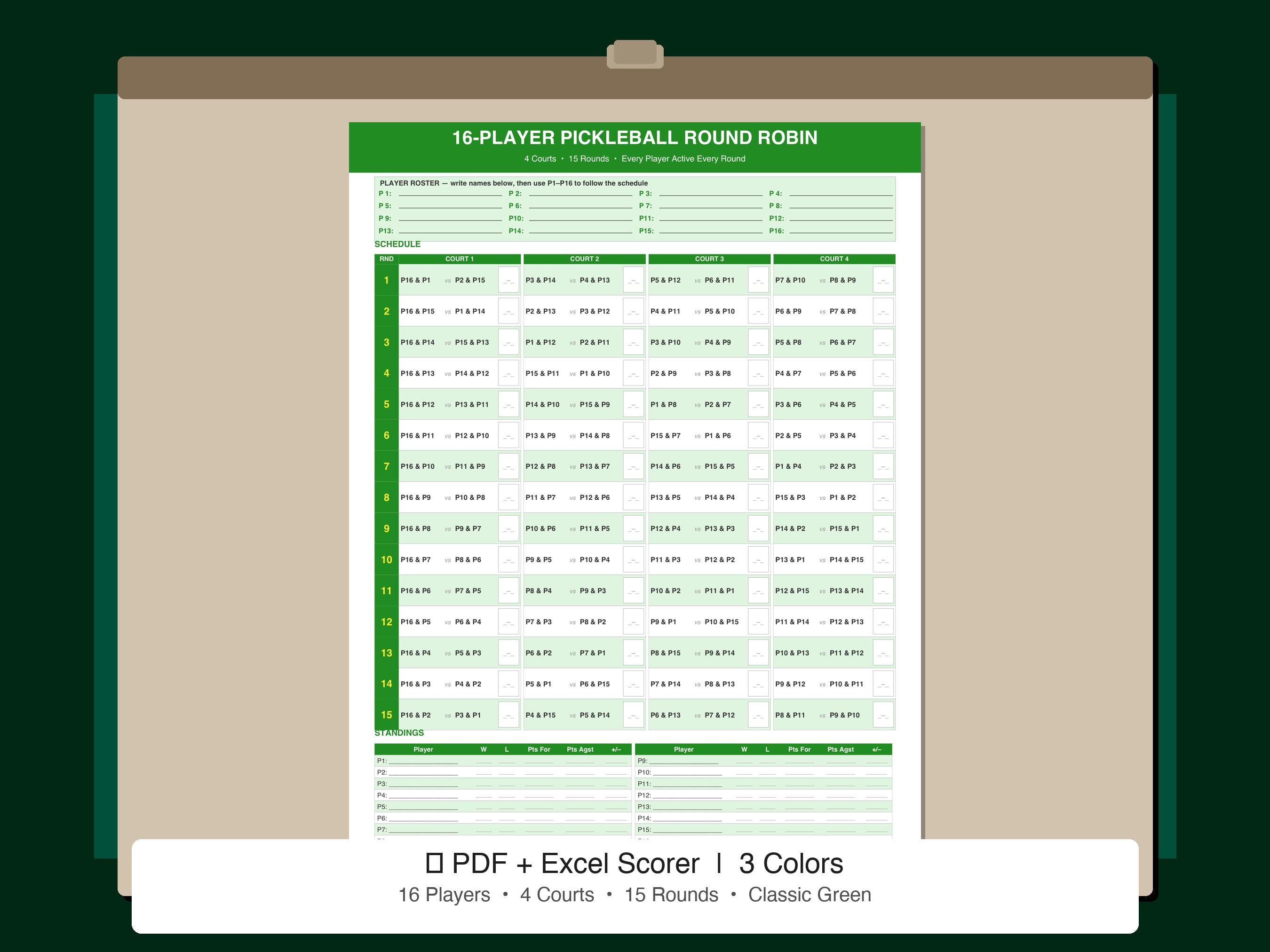 16 Player Pickleball Round Robin | Rotating Partners | Printable PDF ...