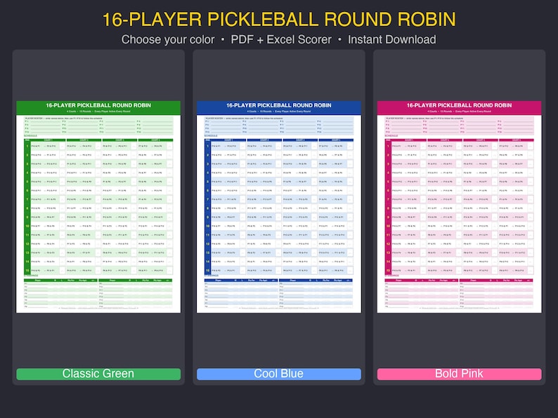 16 Player Pickleball Round Robin | Rotating Partners | Printable PDF ...
