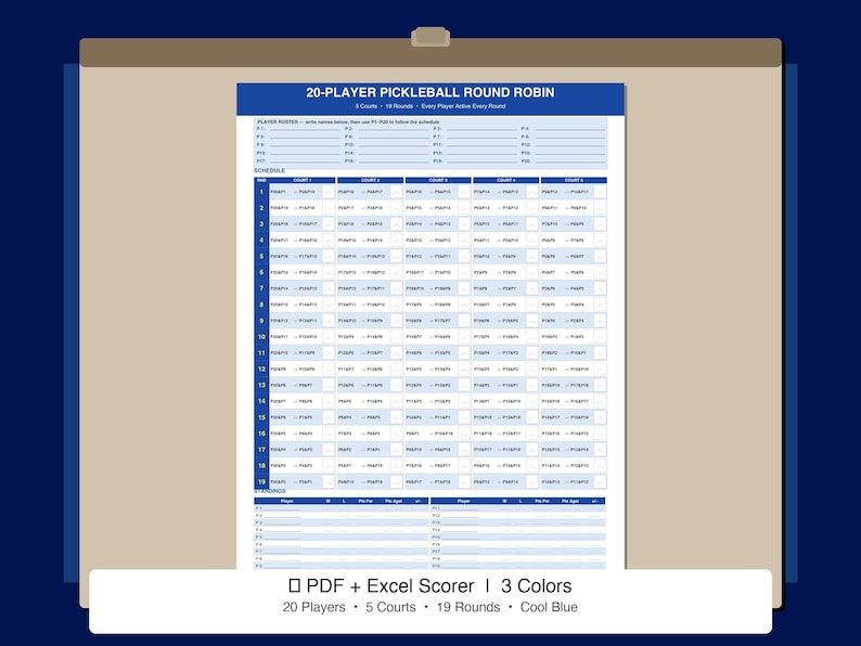 20 Player Pickleball Round Robin | Rotating Partners | Printable PDF ...