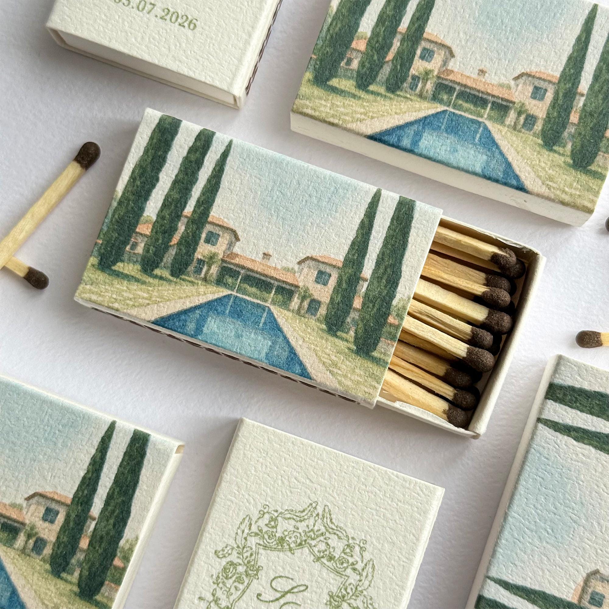 Matches Design Personalized Wedding Matchboxes, Custom Venue Illustration Favor ...