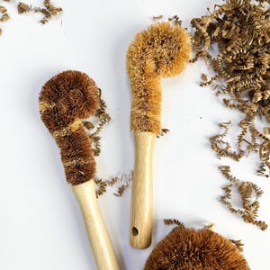 Op de afbeelding: Twee kokosvezel afwasborstels met houten handvatten. De borstels hebben een gebogen ontwerp met een afgeronde kop van bruine borstelharen. De handvatten zijn lichtgekleurd hout. Bruine papiersnippers zijn verspreid rond de borstels op een witte achtergrond.