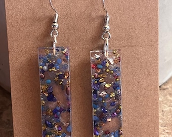 Resin Bar Earrings with Stones and Crushed Glass, Nickel-Free Ear Wire