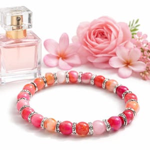 Pink Beaded Bracelet 6mm, Elastic Stretch Bracelet, Pink Gemstone Style Bracelet, Silver Spacer Beads, Handmade Jewelry Gift for Women