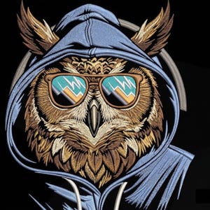 May include: Embroidered owl wearing a blue hoodie and sunglasses. The owl has brown and tan feathers, with the sunglasses reflecting a mountain scene. The background is black.