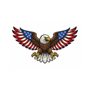 May include: A detailed illustration of a bald eagle with outstretched wings. The eagle's wings feature the American flag design, with red and white stripes and blue sections with white stars. The eagle has brown feathers, a white head, and a yellow beak and talons.