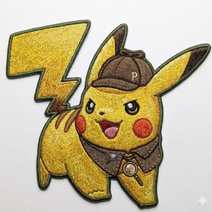 May include: Embroidered patch of Pikachu as a detective, wearing a brown hat with a "P" and a magnifying glass. The patch is yellow with a green border and a yellow lightning bolt.