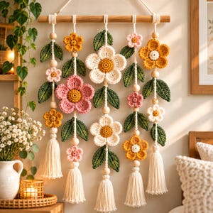 Può includere: Una decorazione da parete con cinque fili verticali in macramè appesi a un bastone di legno. Ogni filo presenta fiori all'uncinetto nei toni del rosa, giallo e bianco, intervallati da foglie verdi all'uncinetto, perline di legno e nappe bianche.
