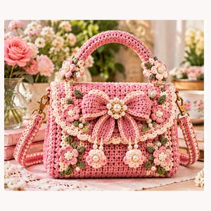 Può includere: Una borsa all'uncinetto rosa con manico superiore e tracolla staccabile. La borsa è decorata con fiori all'uncinetto, foglie verdi e un grande fiocco centrale impreziosito da un gruppo di perle artificiali bianche al centro.