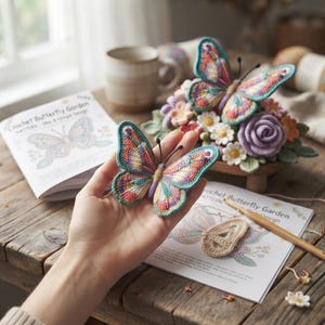 Può includere: Una farfalla lavorata all'uncinetto a mano con ali multicolori nei toni del verde acqua, rosa e giallo, dotata di antenne nere. La farfalla è esposta insieme a un libretto di schemi intitolato Crochet Butterfly Garden e una composizione floreale.