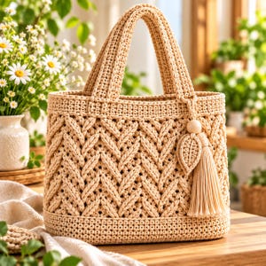 Può includere: Una borsa a mano all'uncinetto color beige con un motivo a spina di pesce testurizzato, due robusti manici e un accessorio decorativo composto da una perla di legno, una piccola foglia all'uncinetto e una lunga nappa a frange.