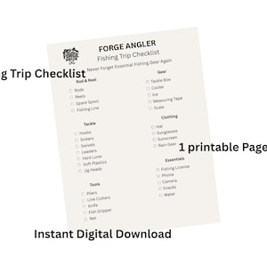 Puede incluir: Una lista de verificación imprimible para viajes de pesca con el texto "FORGE ANGLER Fishing Trip Checklist" y "Never Forget Essential Fishing Gear Again." La lista incluye secciones para Caña y carrete, Aparejos, Herramientas, Equipo, Ropa y Esenciales.