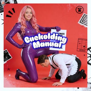 May include: A woman in a purple latex outfit kneels, holding a sign that reads "The Ultimate Cuckolding Manual." A man in a white shirt and apron kneels in front of her. The background is red with graphic elements.