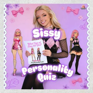 Puede incluir: Una persona sosteniendo una guía de "Sissy Personality Quiz" con ilustraciones de personajes de estilo anime. La imagen tiene un tema rosa y morado con la palabra "Sissy" en letras grandes. El fondo incluye lazos y diseños florales.