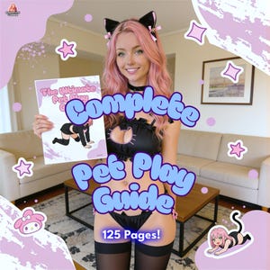 May include: A printed guide titled The Ultimate Pet Play Guide with 125 pages, featuring a black cat-themed outfit with a cutout top, matching bottoms, black thigh-high stockings, and a black cat ear headband with pink accents.