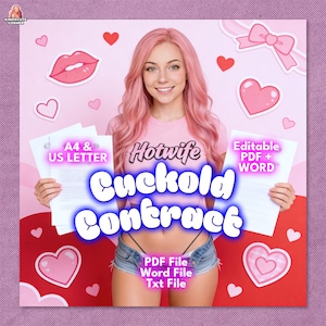Può includere: Grafica rosa con una donna che tiene dei fogli. Il testo include "Hotwife Cuckold Contract", "A4 & US LETTER" e "Editable PDF + WORD". Cuori decorativi e un fiocco sono sparsi intorno all'immagine.