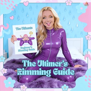 Könnte beinhalten: Ein weißer rechteckiger Leitfaden mit dem Titel The Ultimate Beginner's Rimming Guide, der eine Cartoon-Illustration einer Person in einem violetten Anzug zeigt. Der Text ist in Blau gedruckt und ein kleines gelbes Blumensymbol befindet sich über der Illustration.