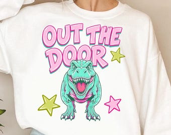 Last Day of School Dinosaur PNG, Out the Door Preppy Dino Design, End of Year School Farewell PNG, Trendy Striped Kids Graphic