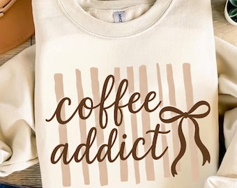 Coquette Coffee Lover PNG, Cute Bow Coffee Design, Retro Aesthetic Striped Graphic, Neutral Brown Cafe Vibes, Trendy Sublimation Download