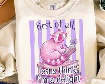 Jesus Thinks I’m a Delight PNG | Funny Christian Raccoon T-Shirt Design | Preppy Striped Summer Sublimation PNG | Digital Download File