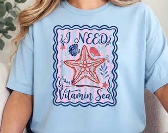 I Need Vitamin Sea PNG, Boho Preppy Summer Beach Quote, Coastal Girly Graphic, Retro Starfish Ocean Design, Vacation Sublimation