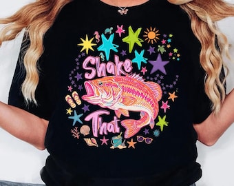 Everyday Summer “Shake That Bass” PNG, Girly Pink Preppy Fish Design, Trendy Kids & Women Lake Life Watercolor Stripe Sublimation Graphic